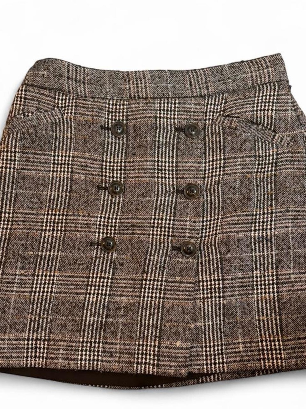 Anne Klein Plaid Double-Breasted Skirt in Brown and Black